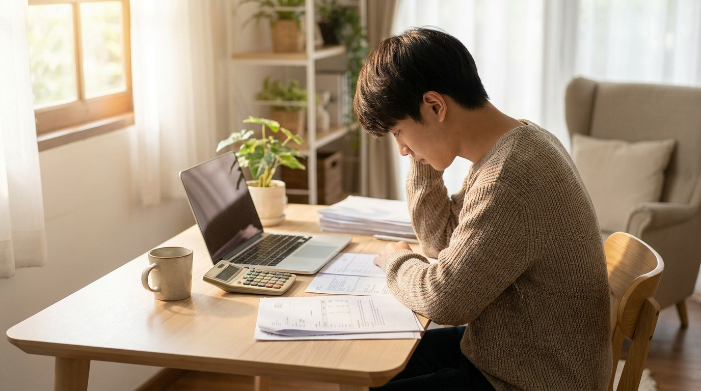 책상에서 서류와 노트북으로 청약을 준비하며 계산하는 모습