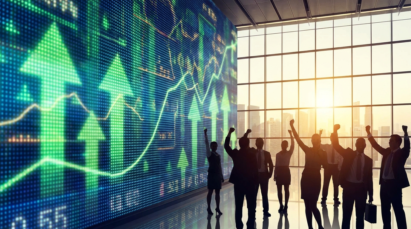 A celebratory trading floor with a giant green stock chart wall and traders cheering a record market rally