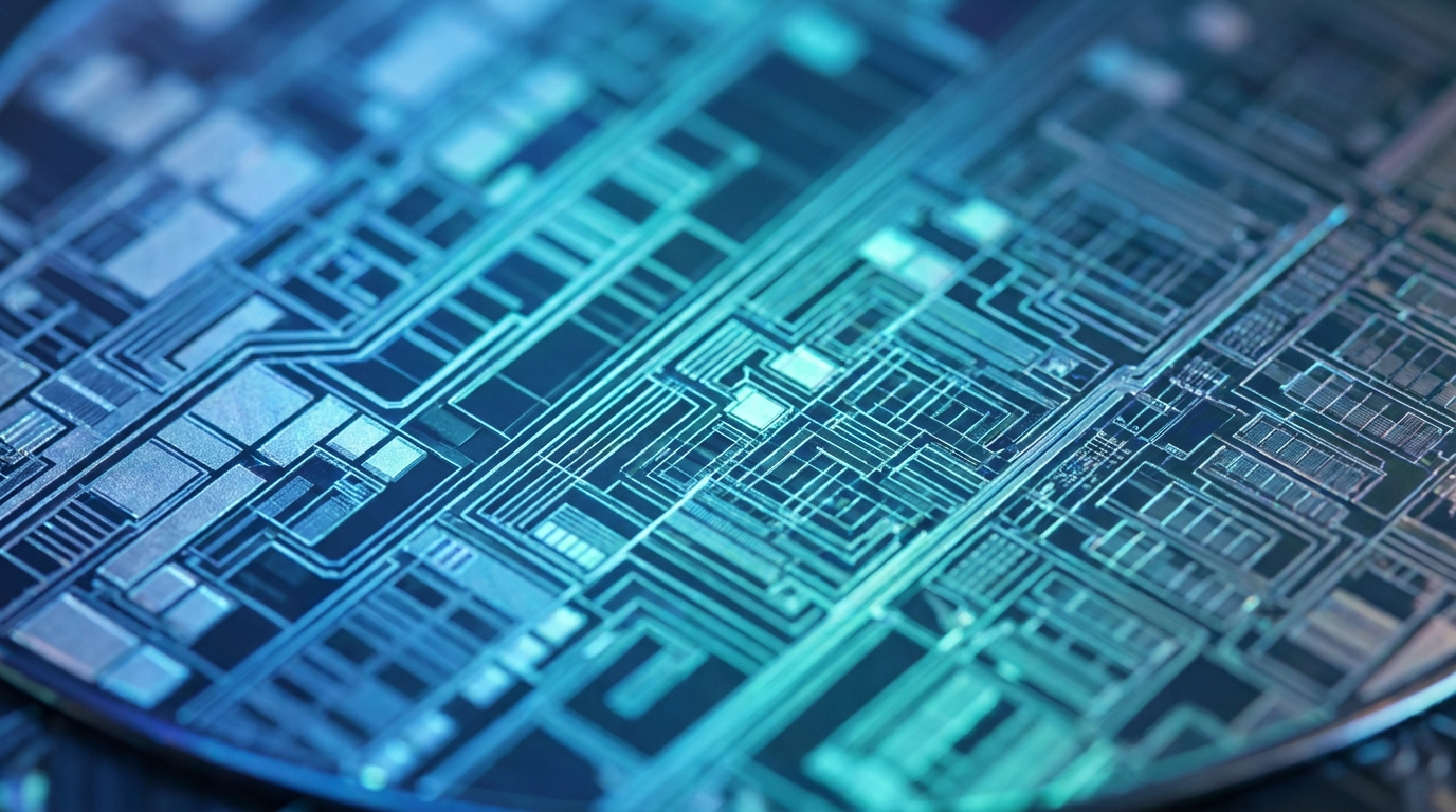 Macro close-up of a semiconductor memory chip wafer with glowing blue circuit patterns