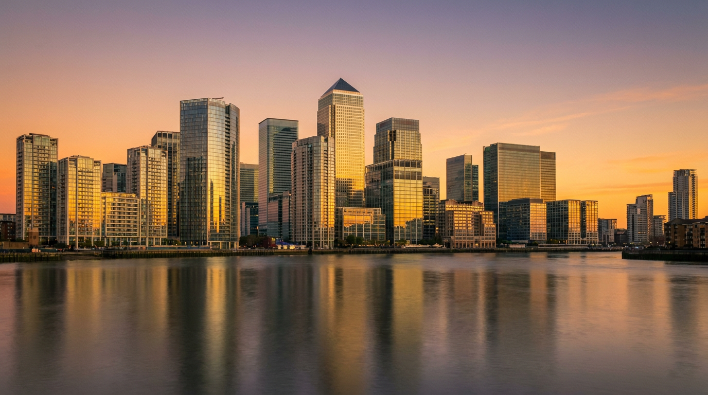 A modern financial district skyline of glass skyscrapers at sunset across a river
